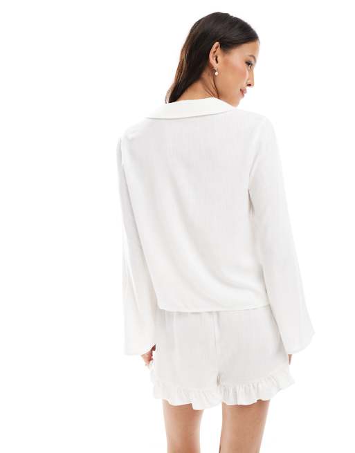 ASOS DESIGN - Langærmet hvid top med bindefront - Del af sæt, 3 af 4
