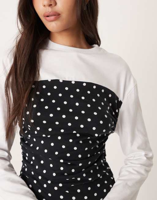 ASOS DESIGN - Langærmet hvid top med indsyet talje og polkaprikker, 3 af 4