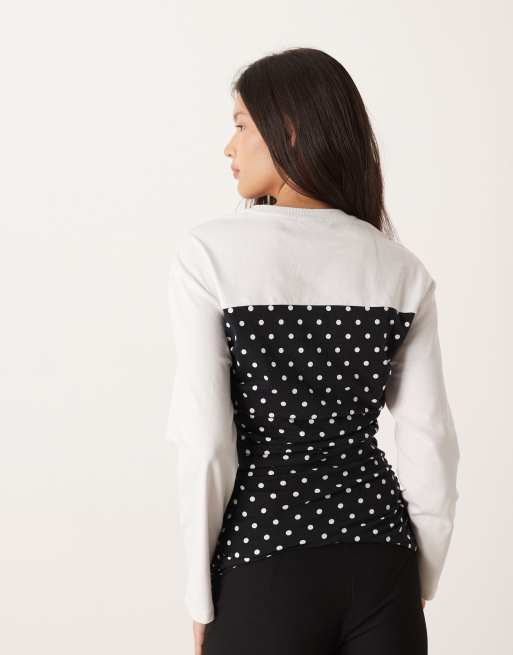 ASOS DESIGN - Langærmet hvid top med indsyet talje og polkaprikker, 4 af 4