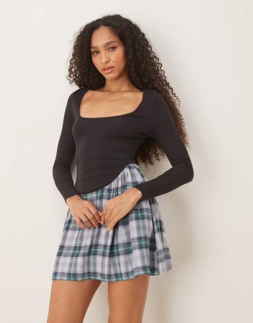ASOS DESIGN - Langærmet hybrid-minikjole med firkantet hals og blåt tern, 2 af 4