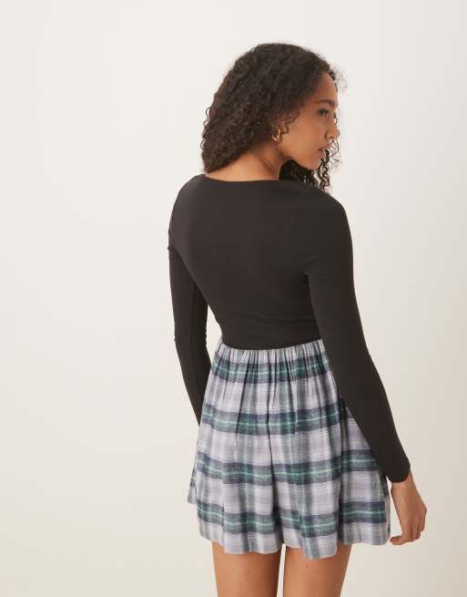 ASOS DESIGN - Langærmet hybrid-minikjole med firkantet hals og blåt tern, 4 af 4