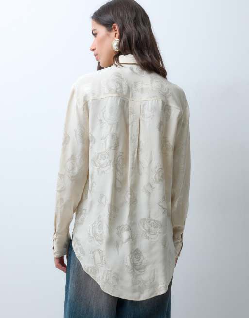 ASOS DESIGN langærmet jacquard-skjorte med bindedetalje i creme, 4 af 4