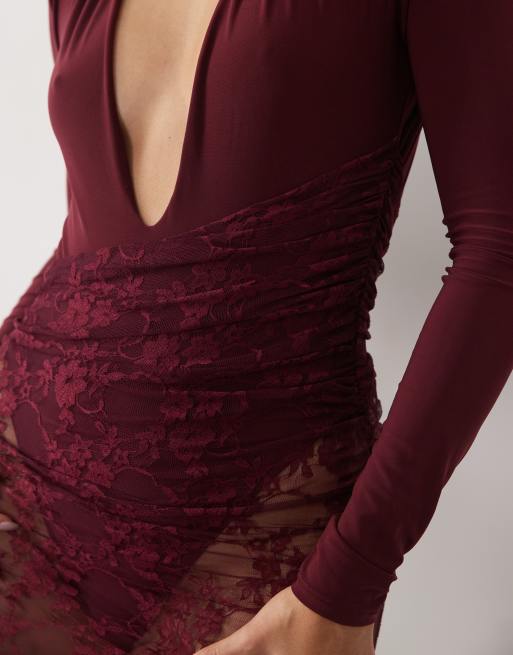ASOS DESIGN langærmet maxi-kjole i blonder med drapering i bordeaux, 3 af 4
