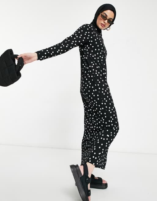 ASOS DESIGN - Langærmet maxi-T-shirtkjole i sort og hvidt prikmønster