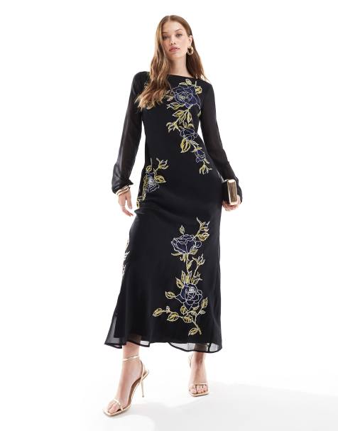 ASOS DESIGN - Langærmet maxikjole i blå med blomsterbroderi - view 1