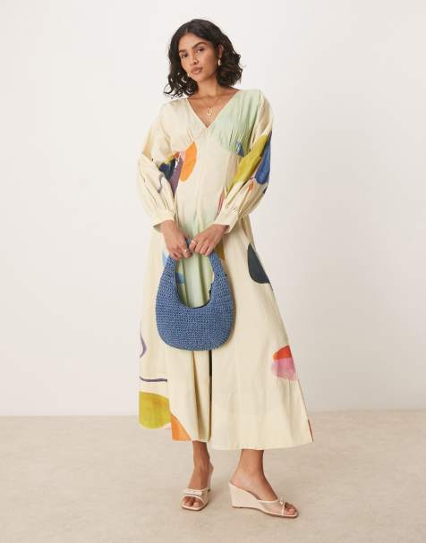 ASOS DESIGN - Langærmet maxikjole i poplin med print og v-hals - view 1