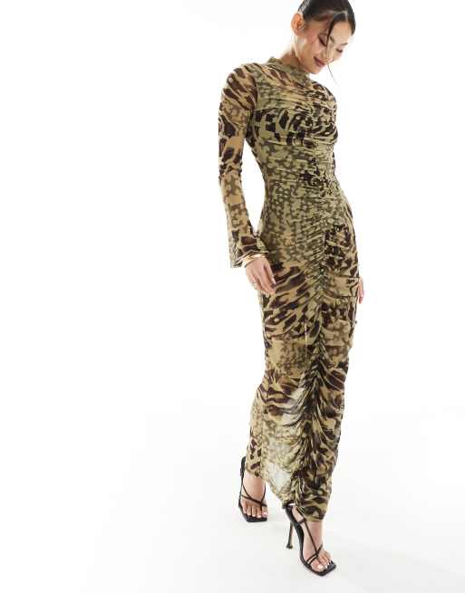 ASOS DESIGN - Langærmet maxikjole med bodystocking og leopardprint i mesh, 4 af 4