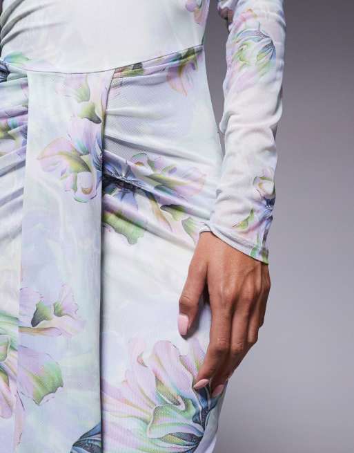 ASOS DESIGN - Langærmet maxikjole med bred halsudskæring, skærf og blomstermønster i mesh, 3 af 4
