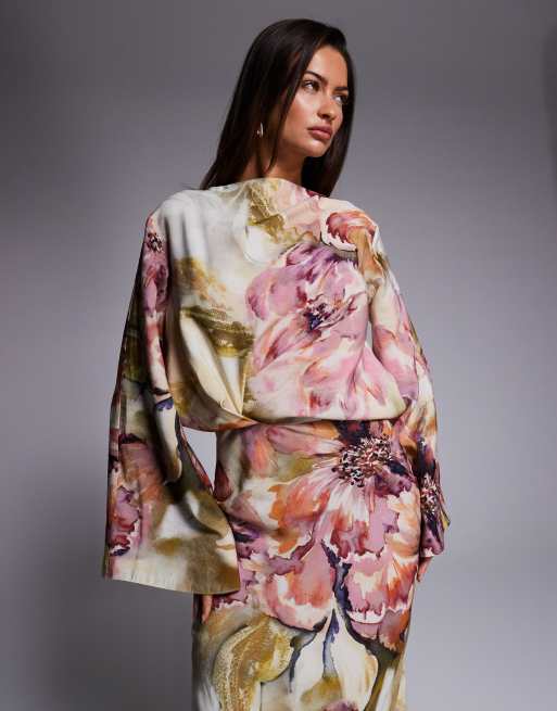 ASOS DESIGN - Langærmet maxikjole med draperet talje og markant blomstermønster i skråtskåret stof, 2 af 4