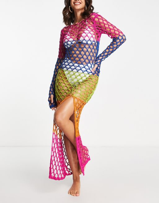 ASOS DESIGN - Langærmet midaxi-strandkjole med farveblok-design i hæklet strik , 4 af 4