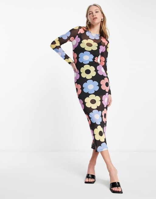 ASOS DESIGN - Langærmet midikjole i mesh med stort retro blomstermønster