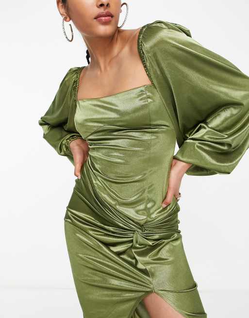 ASOS DESIGN - Langærmet midikjole med knude og høj slids i olivengrøn satin , 3 af 4