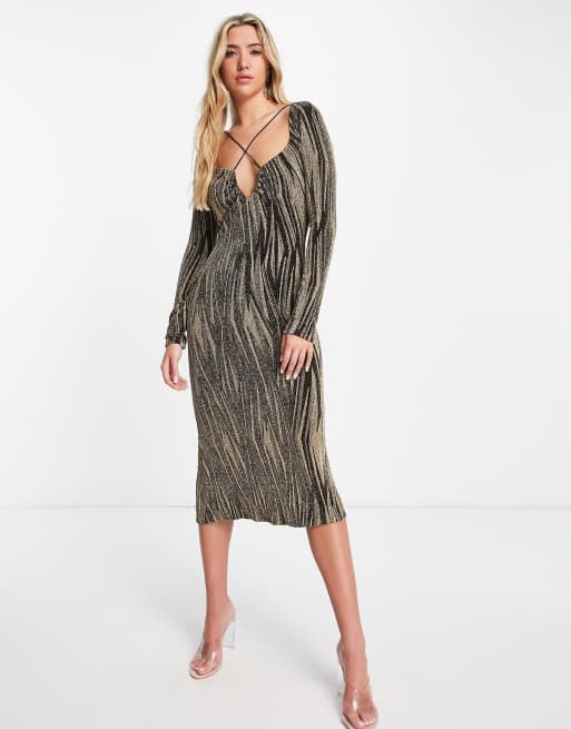 ASOS DESIGN - Langærmet midikjole med tekstur og guldfarvet hvirvelprint