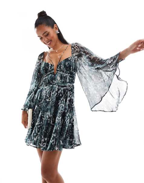 ASOS DESIGN - Langærmet minikjole med flagrende skørt og monokromt dyreprint - view 1
