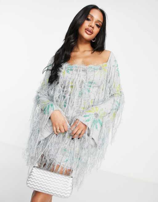 ASOS DESIGN - Langærmet minikjole med frynser og gennemgående blomsterpailletter , 3 af 4