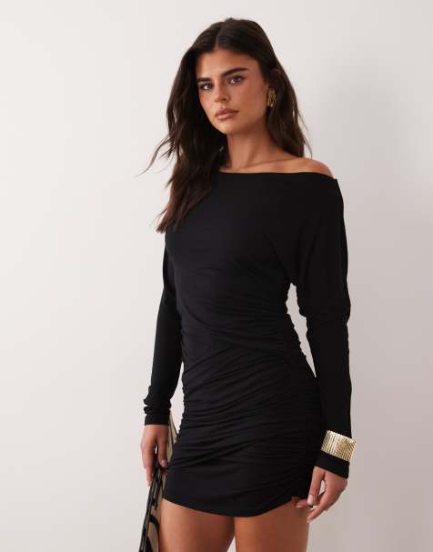 ASOS DESIGN langærmet minikjole med slidsudskæring og asymmetrisk drapering i siden i sort - view 1
