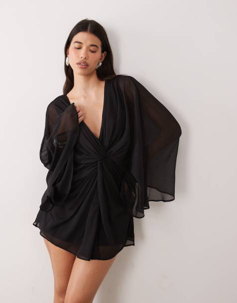 ASOS DESIGN langærmet minikjole med snoet front og åben ryg i sort - view 1