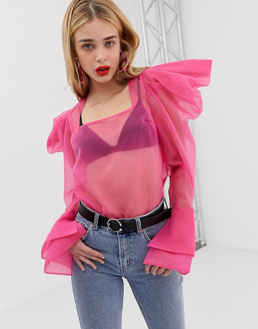ASOS DESIGN - Langærmet neonfarvet bluse i organza med pufærmer-Pink