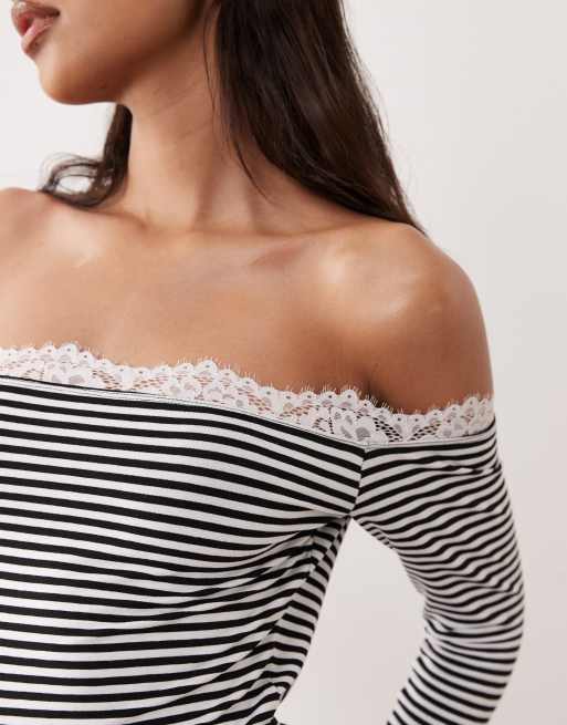ASOS DESIGN - Langærmet offshoulder-minikjole med blondekanter og sorte og hvide striber, 3 af 4