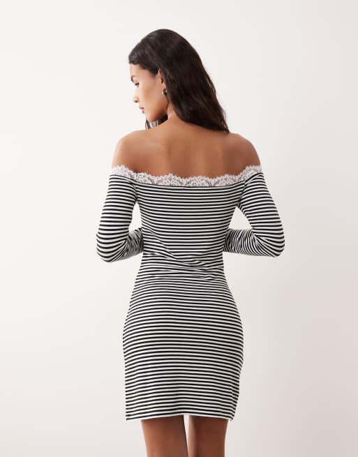 ASOS DESIGN - Langærmet offshoulder-minikjole med blondekanter og sorte og hvide striber, 4 af 4