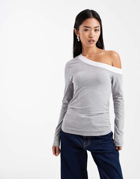ASOS DESIGN - Langærmet offshoulder-overdel med dobbeltlag i grå og hvid - view 1