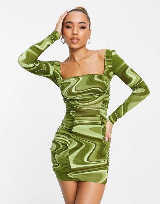 ASOS DESIGN - Langærmet og rynket minikjole med vandfaldsudskæring foran i grønt hvirvelprint