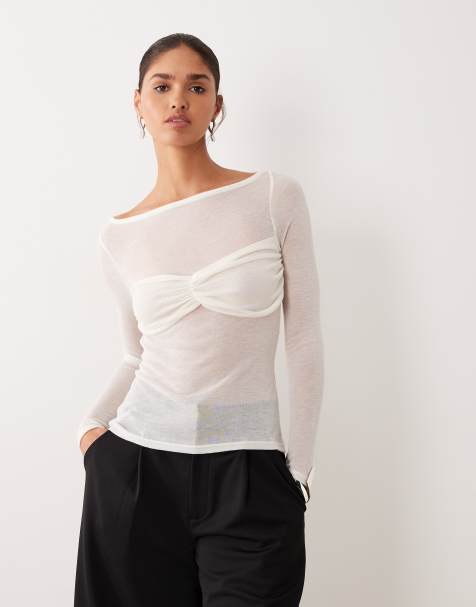 ASOS DESIGN - Langærmet og semi-gennemsigtig hvid top med strikket look og rynket brystoverlag - view 1