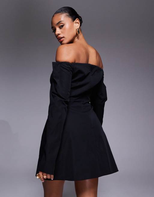 ASOS DESIGN structured long sleeve bardot mini dress with seam detailing in black