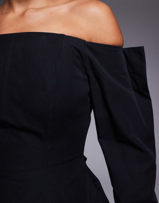 ASOS DESIGN structured long sleeve bardot mini dress with seam detailing in black
