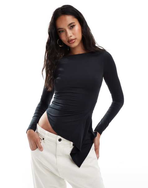 ASOS DESIGN - Langærmet og sort top med bred halsudskæring og flæsekile - view 1