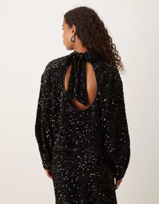ASOS DESIGN - Langærmet og sort velourbluse med pailletter og åben ryg - Del af sæt, 3 af 4