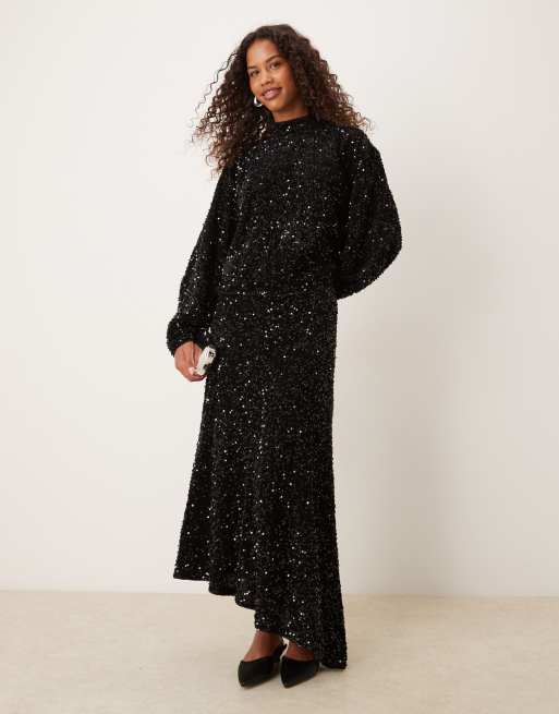 ASOS DESIGN - Langærmet og sort velourbluse med pailletter og åben ryg - Del af sæt, 4 af 4