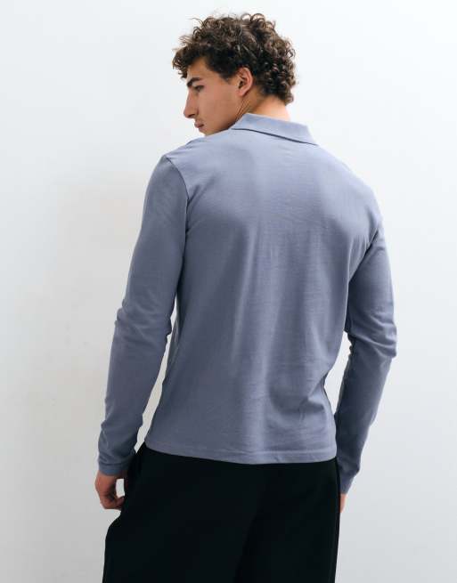 ASOS DESIGN langærmet poloskjorte i blå piqué, 4 af 10