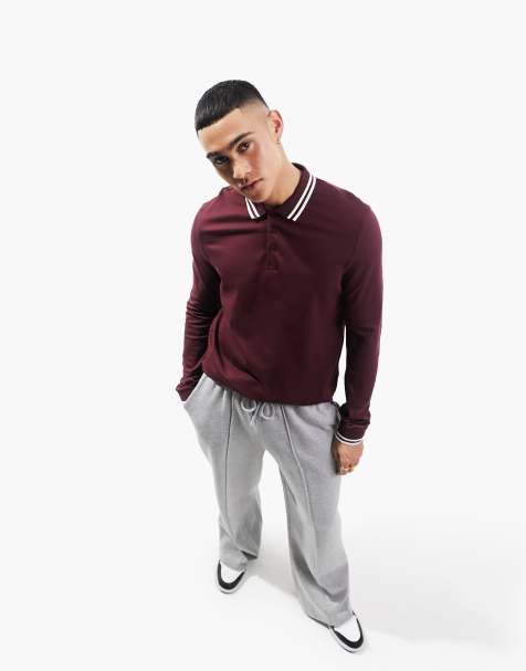 ASOS DESIGN langærmet poloskjorte i pique og bordeauxrød - view 1