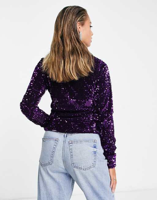ASOS DESIGN - Langærmet polotop med pailletudsmykning overalt i lilla, 4 af 4