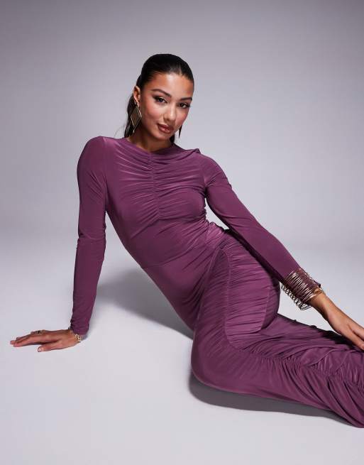 ASOS DESIGN - Langærmet, rynket og lilla maxikjole med sømdetaljer, 2 af 4