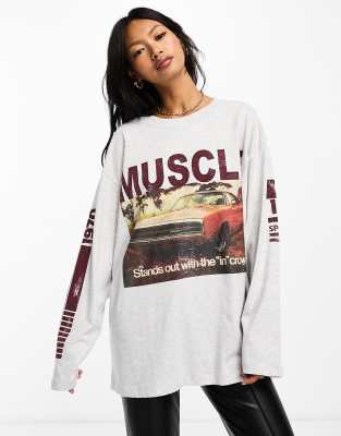 ASOS DESIGN - Langærmet skatertop i meleret isgrå med licenseret muskelbilsgrafik