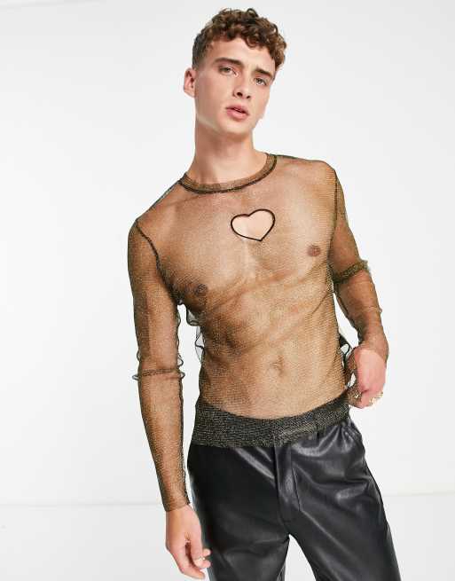 ASOS DESIGN - Langærmet skinny-T-shirt i metalfarvet mesh med udskæring foran
