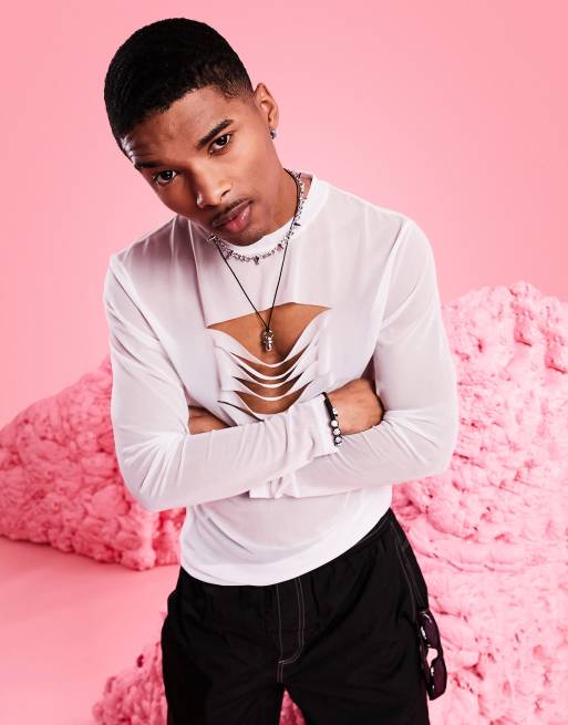 ASOS DESIGN - Langærmet skinny-t-shirt med udskårne detaljer i hvidt mesh