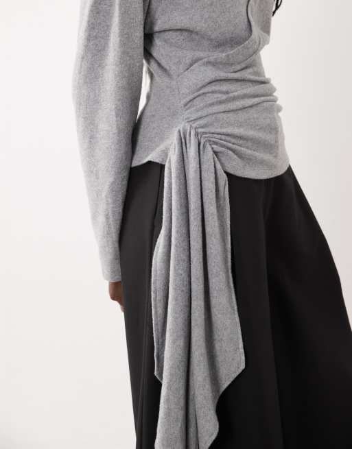 ASOS DESIGN langærmet slå om-top med bindedetalje i gråmeleret, 3 af 4