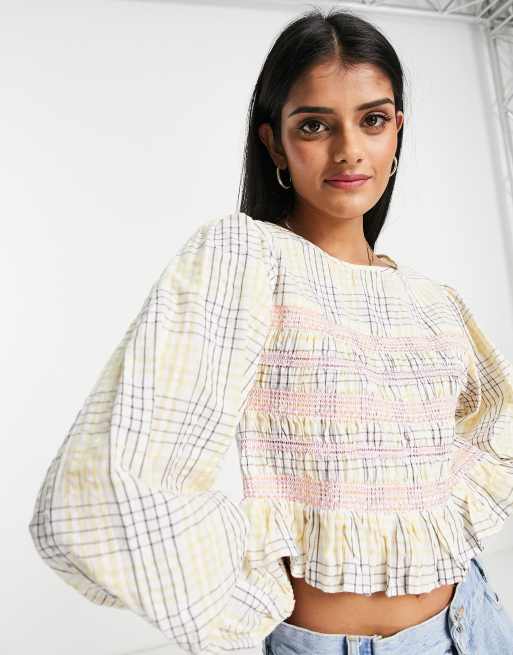 ASOS DESIGN - Langærmet smocktop med rynkede detaljer og pastelfarvede tern 