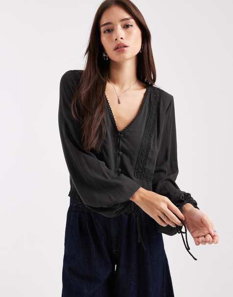 ASOS DESIGN - Langærmet sort bluse med tekstur og blondepanel - view 1