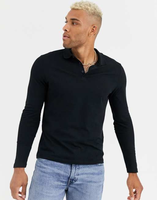 ASOS DESIGN - Langærmet sort polo i jersey - BLACK
