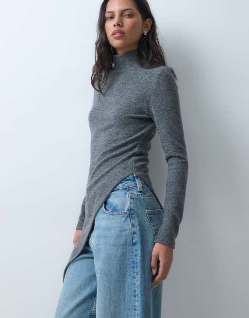 ASOS DESIGN langærmet supersoft asymmetrisk top i grå, 2 af 4