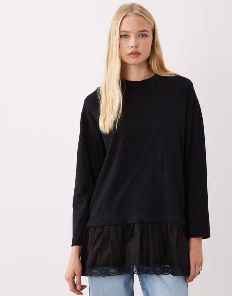 ASOS DESIGN langærmet T-shirt med blondedetaljer i sort - view 1