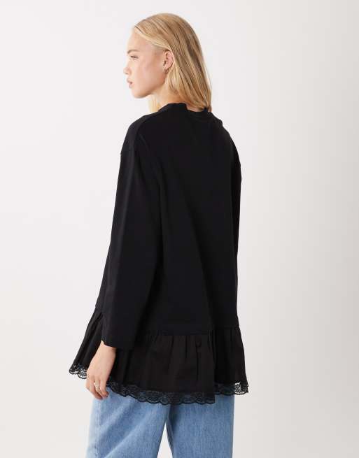 ASOS DESIGN langærmet T-shirt med blondedetaljer i sort, 4 af 4