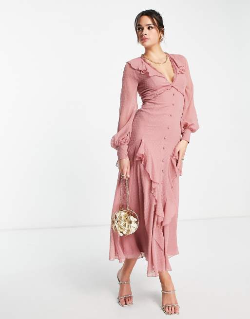 ASOS DESIGN - Langærmet tea-midikjole med knapper og blondekant i mørkerosa dobby-stof