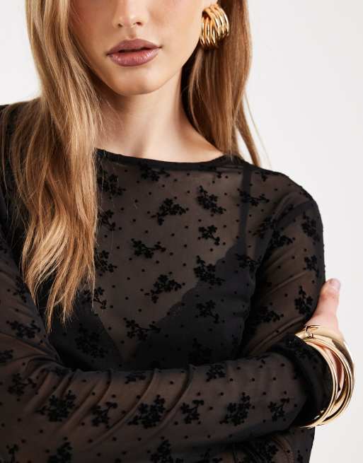 ASOS DESIGN - Langærmet top i gennemsigtig mesh med velouriseret blomstermønster, 3 af 4