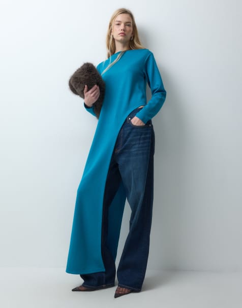 ASOS DESIGN langærmet top med asymmetrisk sideslidse i blågrøn - view 1