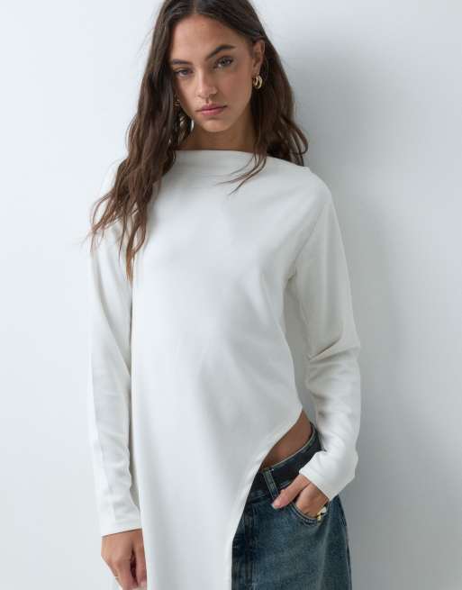 ASOS DESIGN langærmet top med asymmetrisk slids i siden i hvid, 5 af 5